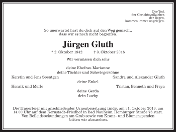 Traueranzeige von Jürgen Gluth von Wetterauer Zeitung, Wetterauer Zeitung