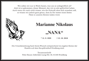 Traueranzeige von Marianne Nikolaus von Wetterauer Zeitung, Wetterauer Zeitung