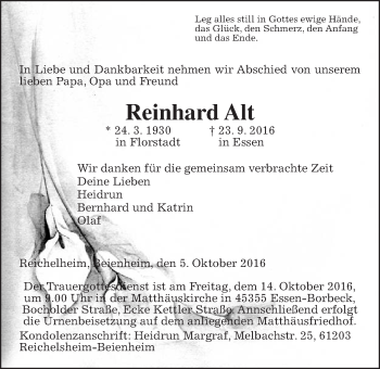 Traueranzeige von Reinhard Alt von Wetterauer Zeitung, Wetterauer Zeitung