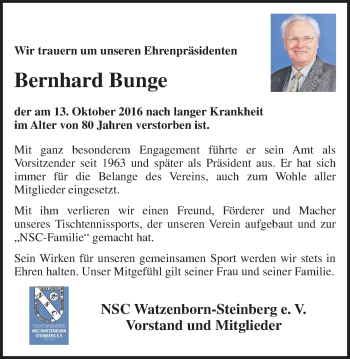 Traueranzeige von Bernhard Bunge von Gießener Allgemeine, Alsfelder Allgemeine