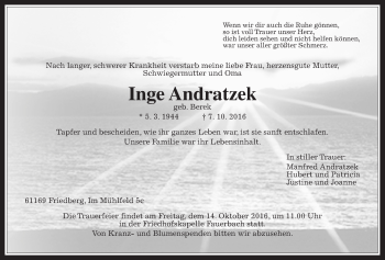 Traueranzeige von Inge Andratzek von Wetterauer Zeitung, Wetterauer Zeitung