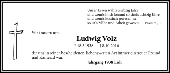 Traueranzeige von Ludwig Volz von Licher Wochenblatt, Licher Wochenblatt, Licher Wochenblatt