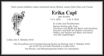 Traueranzeige von Erika Capl von Gießener Allgemeine, Alsfelder Allgemeine