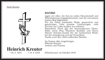 Traueranzeige von Heinrich Kreuter von Alsfelder Allgemeine