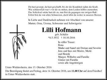 Traueranzeige von Lilli Hofmann von Licher Wochenblatt, Licher Wochenblatt, Licher Wochenblatt