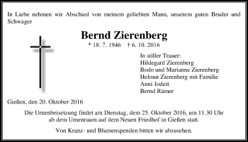 Traueranzeige von Bernd Zierenberg von Gießener Allgemeine, Alsfelder Allgemeine