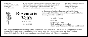 Traueranzeige von Rosemarie Veith von Wetterauer Zeitung, Wetterauer Zeitung