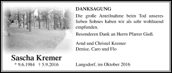 Traueranzeige von Sascha Kremer von Licher Wochenblatt, Licher Wochenblatt, Licher Wochenblatt