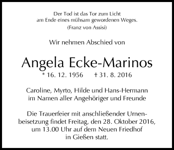 Traueranzeige von Angela Ecke-Marinos von Gießener Allgemeine, Alsfelder Allgemeine