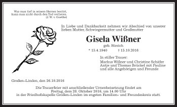 Traueranzeige von Gisela Wißner von Gießener Allgemeine, Alsfelder Allgemeine