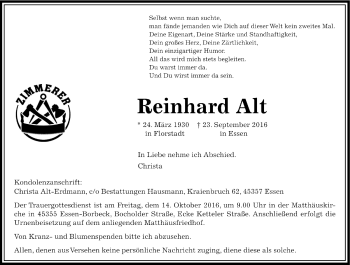 Traueranzeige von Reinhard Alt von Wetterauer Zeitung