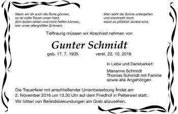 Traueranzeige von Gunter Schmidt von Wetterauer Zeitung, Wetterauer Zeitung