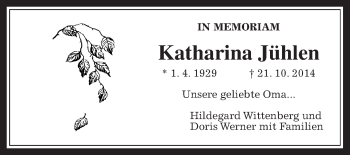 Traueranzeige von Katharina Jühlen von Gießener Allgemeine, Alsfelder Allgemeine