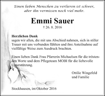 Traueranzeige von Emmi Sauer von Gießener Allgemeine, Alsfelder Allgemeine