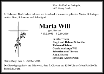 Traueranzeige von Maria Will von Gießener Allgemeine, Alsfelder Allgemeine