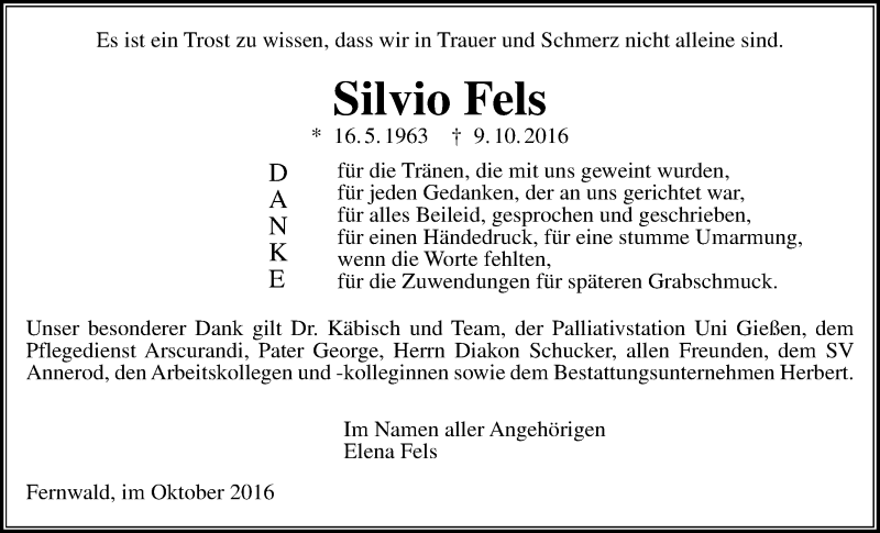  Traueranzeige für Silvio Fels vom 29.10.2016 aus Gießener Allgemeine, Alsfelder Allgemeine