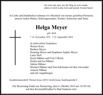 Traueranzeige von Helga Meyer von Wetterauer Zeitung, Wetterauer Zeitung