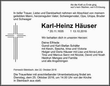 Traueranzeige von Karl-Heinz Häuser von Gießener Allgemeine, Alsfelder Allgemeine
