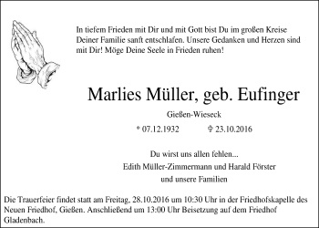 Traueranzeige von Marlies Müller von Gießener Allgemeine, Alsfelder Allgemeine