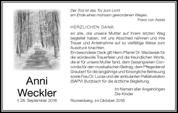 Traueranzeige von Anni Weckler von Wetterauer Zeitung, Wetterauer Zeitung