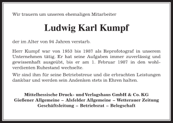 Traueranzeige von Ludwig Karl Kumpf von Gießener Allgemeine, Alsfelder Allgemeine