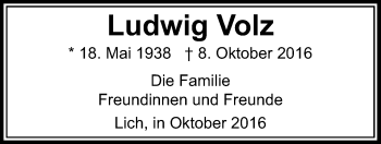 Traueranzeige von Ludwig Volz von Licher Wochenblatt, Licher Wochenblatt, Licher Wochenblatt