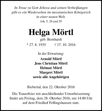 Traueranzeige von Helga Mörtl von Gießener Allgemeine, Alsfelder Allgemeine