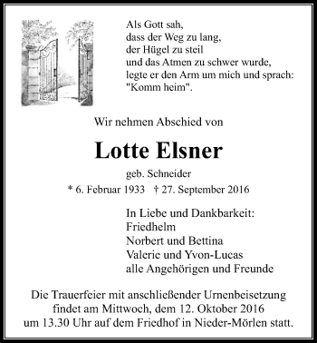 Traueranzeige von Lotte Elsner von Wetterauer Zeitung, Wetterauer Zeitung