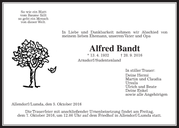 Traueranzeige von Alfred Bandt von Gießener Allgemeine, Alsfelder Allgemeine