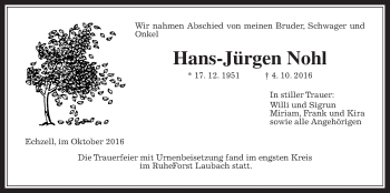 Traueranzeige von Hans-Jürgen Nohl von Wetterauer Zeitung, Wetterauer Zeitung