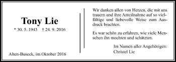 Traueranzeige von Tony Lie von Gießener Allgemeine, Alsfelder Allgemeine