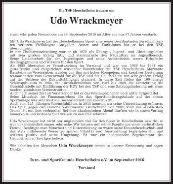 Traueranzeige von Udo Wrackmeyer von Gießener Allgemeine, Alsfelder Allgemeine