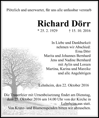 Traueranzeige von Richard Dörr von Gießener Allgemeine, Alsfelder Allgemeine