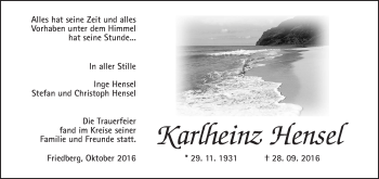 Traueranzeige von Karlheinz Hensel von Wetterauer Zeitung, Wetterauer Zeitung
