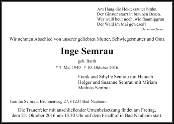 Traueranzeige von Inge Semrau von Wetterauer Zeitung, Wetterauer Zeitung