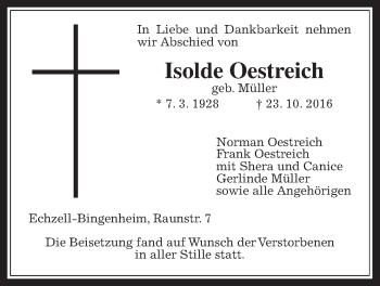 Traueranzeige von Isolde Oestreich von Wetterauer Zeitung, Wetterauer Zeitung