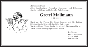 Traueranzeige von Gretel Mallmann von Wetterauer Zeitung, Wetterauer Zeitung