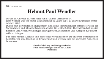 Traueranzeige von Helmut Paul Wendler von Gießener Allgemeine, Alsfelder Allgemeine