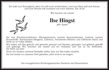 Traueranzeige von Ilse Hingst von Wetterauer Zeitung, Wetterauer Zeitung