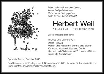 Traueranzeige von Herbert Weil von Wetterauer Zeitung, Wetterauer Zeitung