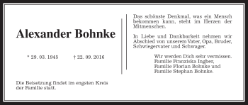 Traueranzeige von Alexander Bohnke von Gießener Allgemeine, Alsfelder Allgemeine, Wetterauer Zeitung, Wetterauer Zeitung