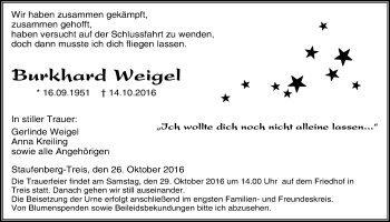 Traueranzeige von Burkhard Weigel von Gießener Allgemeine, Alsfelder Allgemeine