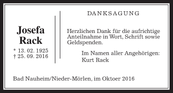 Traueranzeige von Josefa Rack von Wetterauer Zeitung, Wetterauer Zeitung