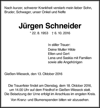 Traueranzeige von Jürgen Schneider von Gießener Allgemeine, Alsfelder Allgemeine