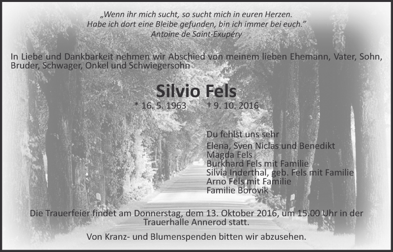  Traueranzeige für Silvio Fels vom 11.10.2016 aus Gießener Allgemeine, Alsfelder Allgemeine