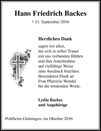 Traueranzeige von Hans Friedrich Backes von Gießener Allgemeine, Alsfelder Allgemeine