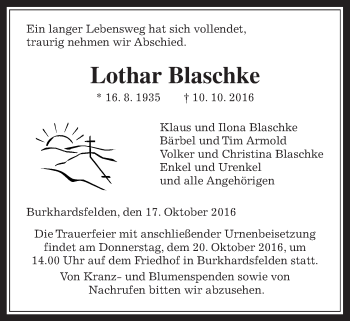 Traueranzeige von Lothar Blaschke von Gießener Allgemeine, Alsfelder Allgemeine