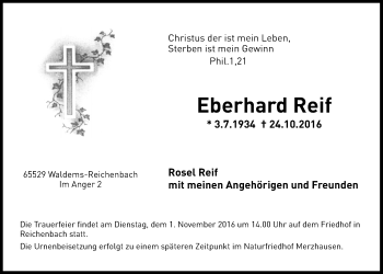 Traueranzeige von Eberhard Reif von Wetterauer Zeitung, Wetterauer Zeitung