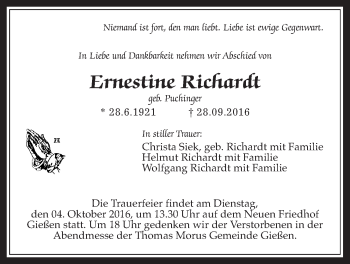 Traueranzeige von Ernestine Richardt von Gießener Allgemeine, Alsfelder Allgemeine