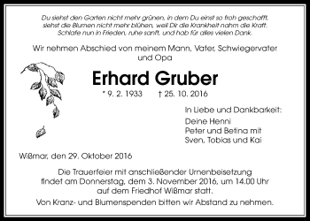 Traueranzeige von Erhard Gruber von Gießener Allgemeine, Alsfelder Allgemeine